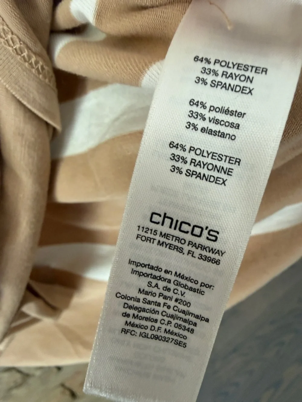 Chico's Striped Cowl Neck Long Sleeve Jersey Tee Top Shirt- Cream & Tan Striped